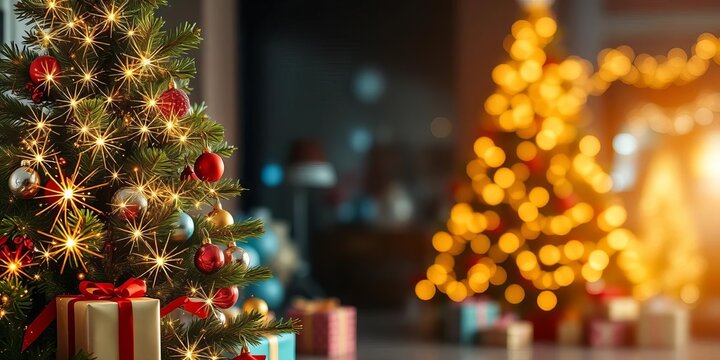 Sparkling Christmas tree with presents under it, festive lights, and a blurry background, snow, gifts