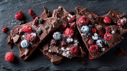 Delicious dark chocolate bark with fresh berries on a dark slate background