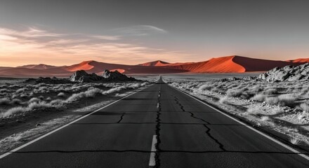 Black Road Leading Through Desert Landscape At Sunset