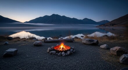 Campfire burning brightly near lake and mountains at dusk