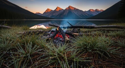 Campfire burning near a lake with mountains at sunset