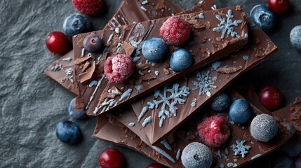 Festive chocolate bark with winter berries and snowflakes for the holidays