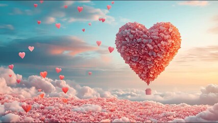 A large heart-shaped balloon made of countless smaller hearts floats above a sea of pink clouds at sunset. - Powered by Adobe