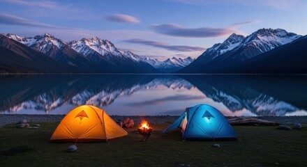 Camping scene at night with tents near a tranquil lake