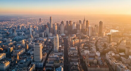 Fototapeta premium Aerial view of modern city skyline illuminated by warm sunset light
