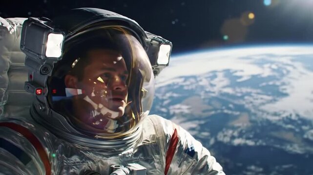 Astronaut in space helmet visor reflects Earth