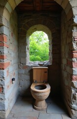 Medieval castle toilet in tower. Ancient restroom with wooden seat design near stone brick wall. Green nature landscape seen through arch window. Old architecture bathroom. Travel, tourism, culture