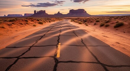 Desert road stretching through Monument Valley at sunset