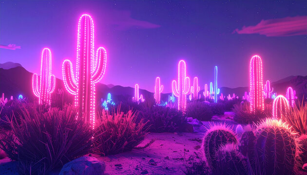 Neon cactus landscape under a vibrant purple and pink night sky.