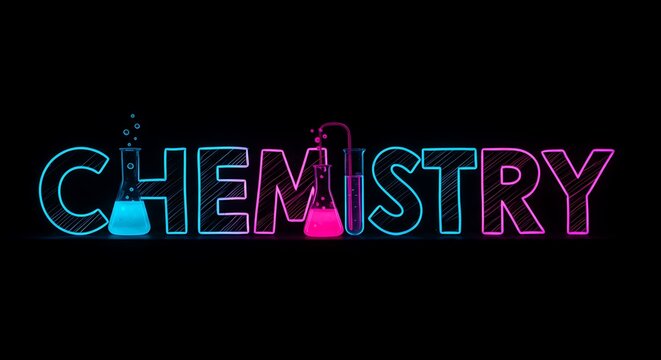 Vibrant neon CHEMISTRY text with glowing flasks and bubbling liquids, perfect for science education and laboratory themes. - Powered by Adobe