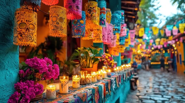 Colorful Day of the Dead display with skull lanterns, flowers, and candles