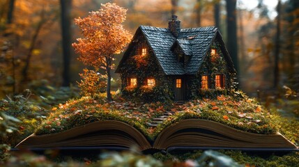 Cottage perched on an open book within a forest, bathed in autumnal light