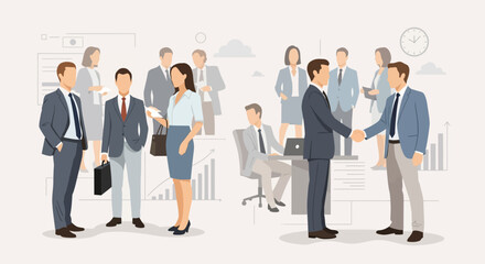 Illustration of business professionals networking and shaking hands in an office environment, depicting corporate interactions and agreements.