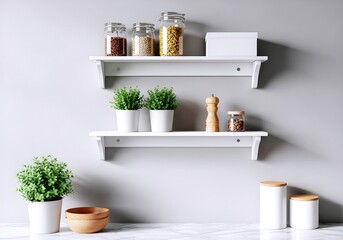 Two white wall shelves displaying kitchen pantry items and small green potted plants