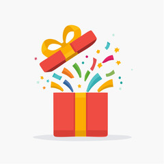 A red gift box with a yellow ribbon and colorful confetti bursting outwards, open.