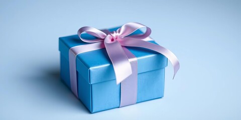 Obraz premium A small, matte blue gift box with a satin ribbon, present, wrapped