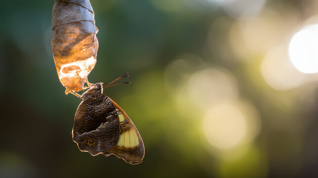 metamorphosis. Butterfly emerging from a cocoon with wings unfolding for the first time in morning sunlight. wildlife magazines, conservation campaigns, designed for wildlife conservation campaigns.