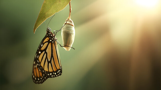 metamorphosis. Butterfly emerging from a cocoon with wings unfolding for the first time in morning sunlight. wildlife magazines, conservation campaigns, designed for wildlife conservation campaigns.