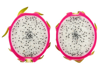 Isolated two halves of a dragon fruit featuring black seeds on light pulp with pink skin