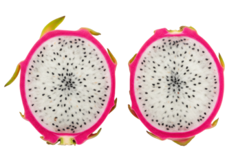 Isolated two halves of a dragon fruit featuring black seeds on light pulp with pink skin