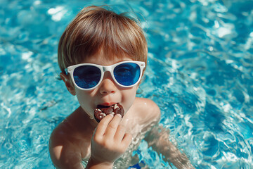 A boy wearing sunglasses in a swimming pool eats a cookie while looking at the camera