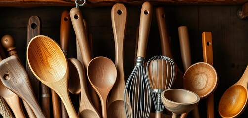 Close-up of assorted wooden spoons, spatulas, and whisks in a rustic kitchen setting,  cooking tools, kitchen utensils