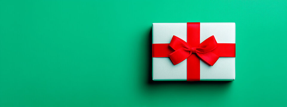 White gift box with red ribbon and bow on green background image