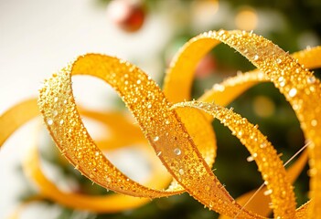 Close-up of shiny gold Christmas ribbon, curled and gleaming,  christmas,  xmas ribbon