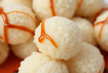 Close-up of several sweet sticky rice balls, drizzled with sauce,  japanese,  thai