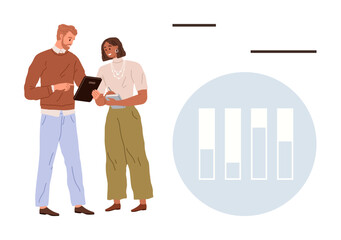 Obraz na płótnie Canvas Two colleagues reviewing data on a tablet, analyzing a visible bar chart. Ideal for teamwork, data analysis, business collaboration, productivity, strategy, education and professional discussions. A Obraz na płótnie Canvas Two colleagues reviewing data on a tablet, analyzing a visible bar chart. Ideal for teamwork, data analysis, business collaboration, productivity, strategy, education and professional discussions. A