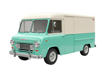 Isolated turquoise delivery truck with cream colored top, antique vehicle, transport