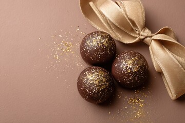 Three chocolate truffles with golden ribbon on brown background, top view