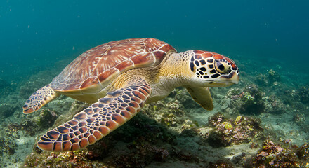 Obraz premium Sea Turtle Gliding Gracefully Underwater
