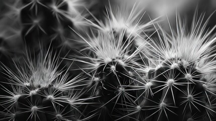 Close-up of cactus with sharp spines in monochrome, creating a textural, abstract scene