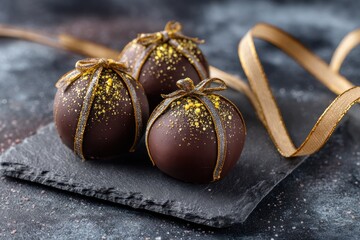 Delicious chocolate truffles with golden ribbon bow on dark stone plate