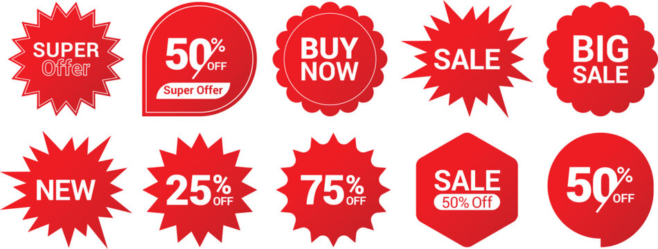 Realistic Red promotional sale stickers. Special offer price tags. Promotional sale tags, discount stickers, starburst badges, quality marks. Sale badges, discount labels, sale icons vector
