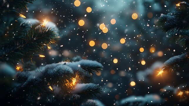 Magical winter snowfall with warm bokeh lights on evergreen branches