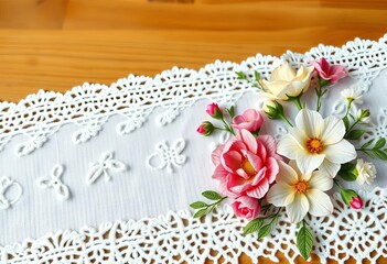 Elegant white lace banner with delicate floral embroidery,  romantic,  spring