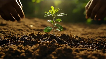 Close-up of hands planting a small tree seedling in soil, symbolizing growth and environmental care. - Powered by Adobe