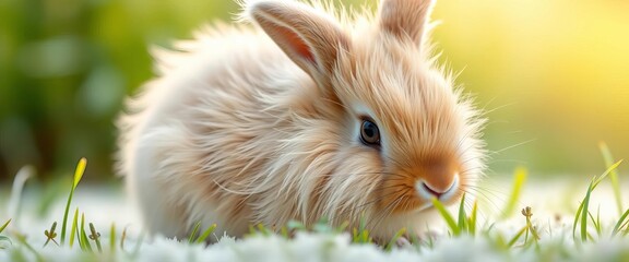 Fluffy lop-eared bunny with long whiskers, twitching nose, sitting on soft grass,  stock,  image