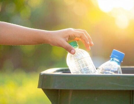 Hand placing plastic bottle in recycling bin, environmental conservation