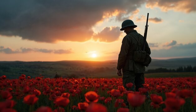 World War Two soldier silhouette stands in red poppy field at sunset. Military veteran wears uniform and helmet, holds rifle, contemplates war remembrance. Copy space above.