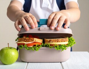 Child opening a lunchbox with sandwiches and a green apple