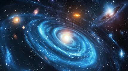 Vibrant blue spiral galaxy with distant stars and nebulae