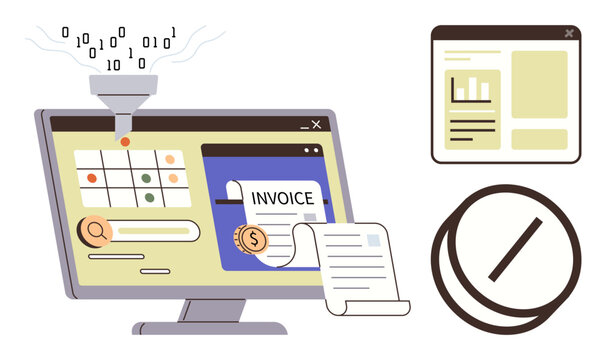 Computer displaying an automated data system, invoice management interface, and document filtering. Ideal for finance, business, technology, AI, processing, management and organization concepts