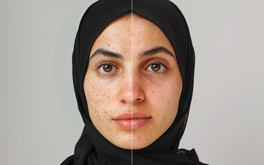 Skin Transformation Results Before and After Dermatology Treatment for Muslim Woman Closeup Photo. Fictional Character Created By Generative AI
