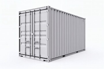 Industrial shipping container with closed doors, displayed on a white background, emphasizing its metallic structure and robust design