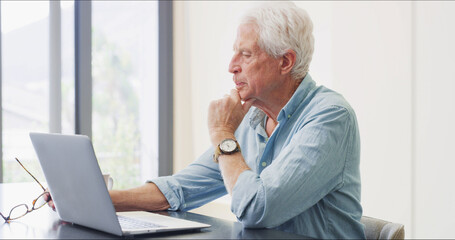Old man, reading or laptop in home for retirement planning, pension policy or finance management....