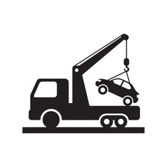 Silhouette Heavy Duty Tow Truck Crane Lifts Stranded Car High Above The Road. 