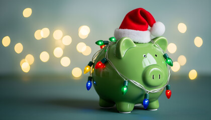 Festive piggy bank decorated with Christmas lights